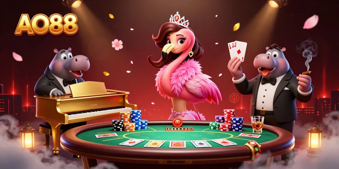 Enjoy thrilling action at AO88 with a vibrant casino scene featuring dynamic characters and colorful game elements.