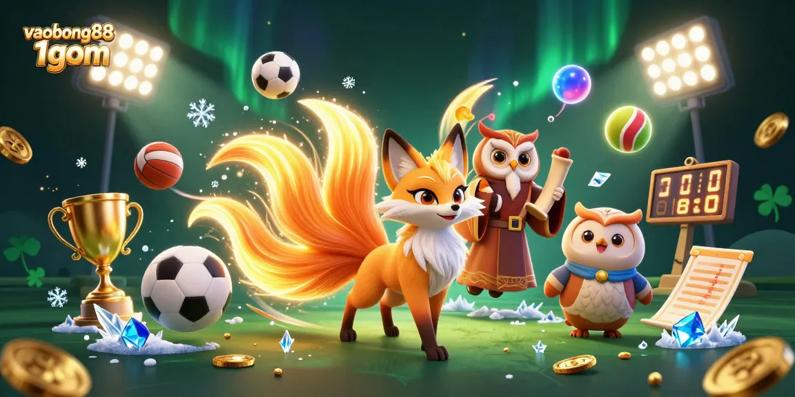 Bet on sports with vaobong88 1gom's vibrant 3D scene featuring a colorful nine-tailed fox and wise owl.