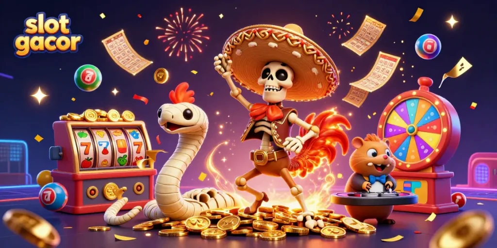 Engage with slot gacor excitement as vibrant characters celebrate winning with colorful casino elements.