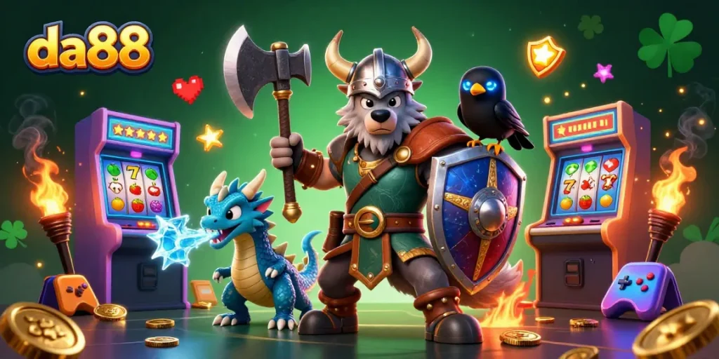 Join the excitement at da88 with a thrilling scene featuring a Viking wolf warrior, dragon, and casino game elements.