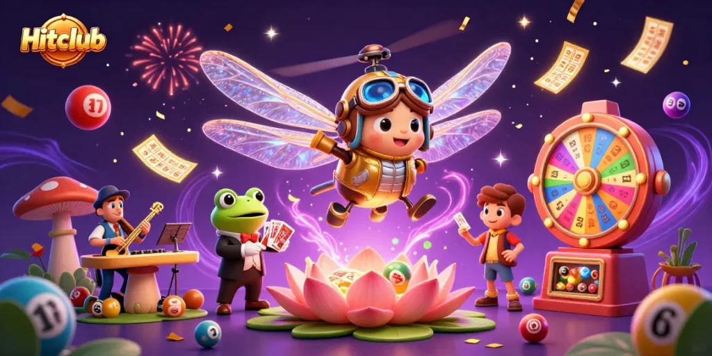 Experience the excitement of Hitclub with a dragonfly pilot and frog croupier in a vibrant casino scene.