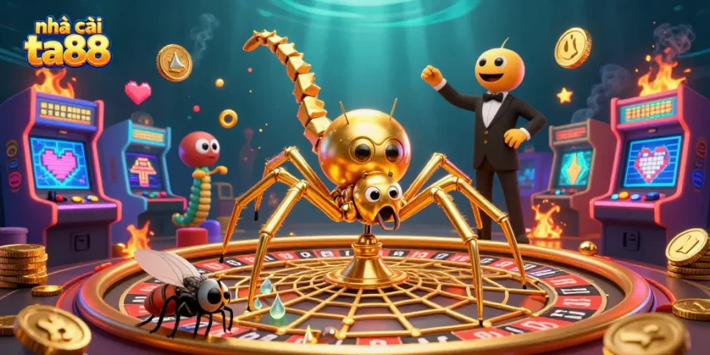 Experience thrilling bets at nhà cái ta88 with a golden spider and vibrant casino elements.