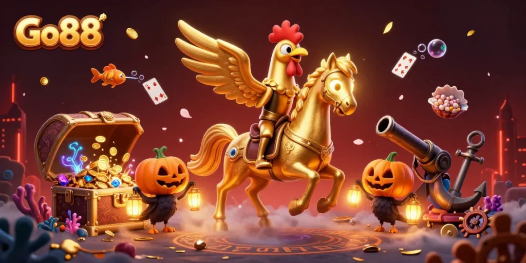 Engage with Go88's thrilling casino experience featuring golden rooster characters amidst vibrant gaming elements.