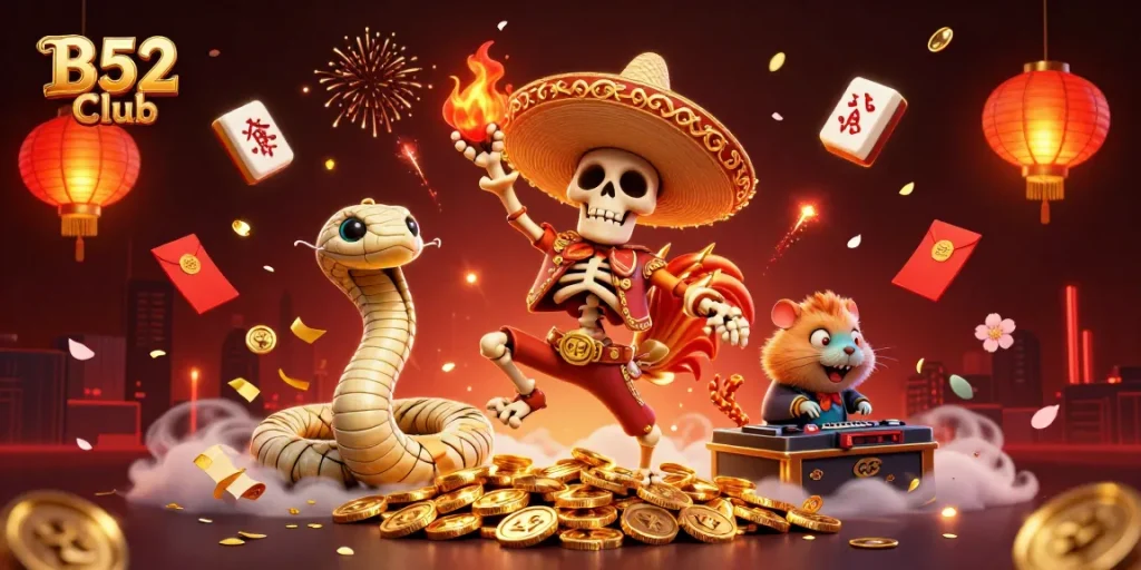 B52 Club showcases a vibrant victory scene with a mariachi rooster and lively gaming elements.