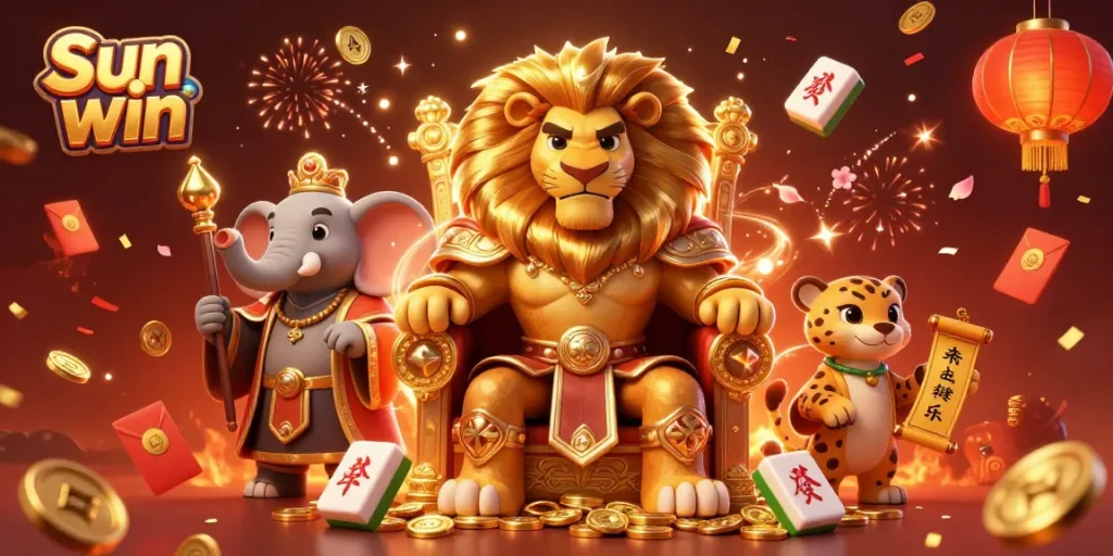 Experience the excitement of Sun win with a dynamic casino scene showcasing a lion king on a throne.