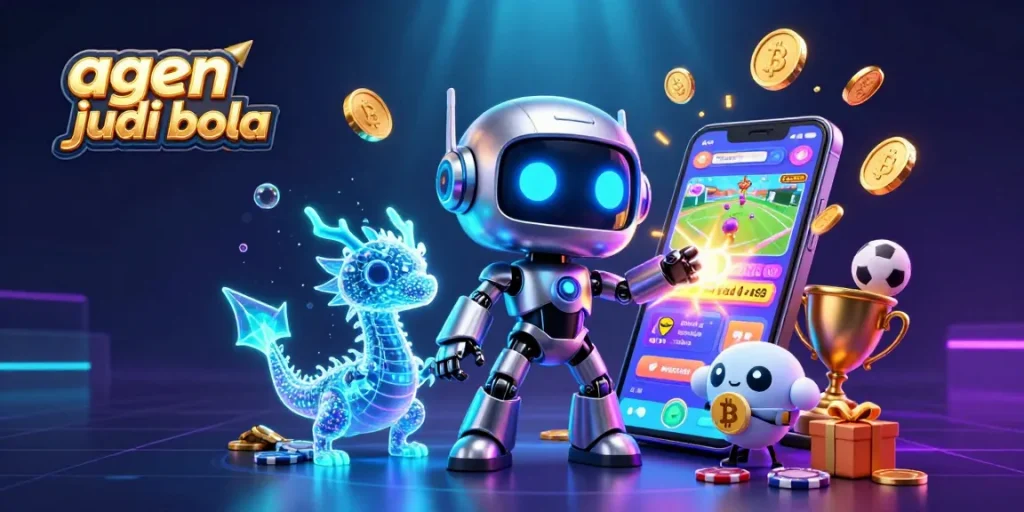 A dynamic scene of agen judi bola with a cyberpunk robot mascot, digital dragon, and bitcoin drone, highlighting the energy of sports betting.