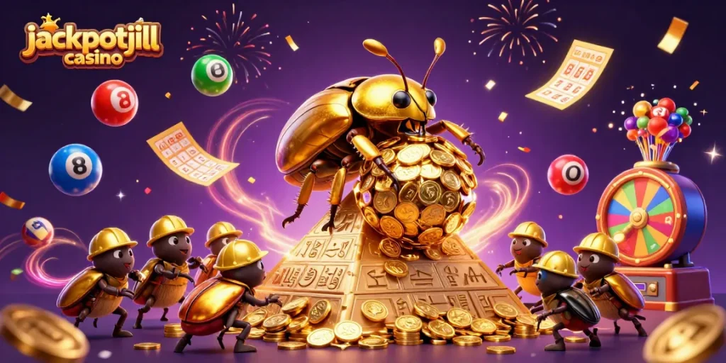 Engage with jackpotjill casino in this vibrant 3D lottery-themed illustration.