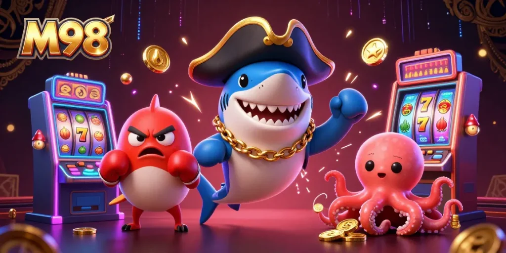 M98 engages players with exciting slot reels and gold coins in a vibrant casino scene.