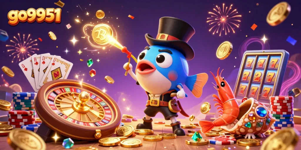 Experience exciting gambling action with go9951's vibrant 3D casino illustration featuring lucky charms.