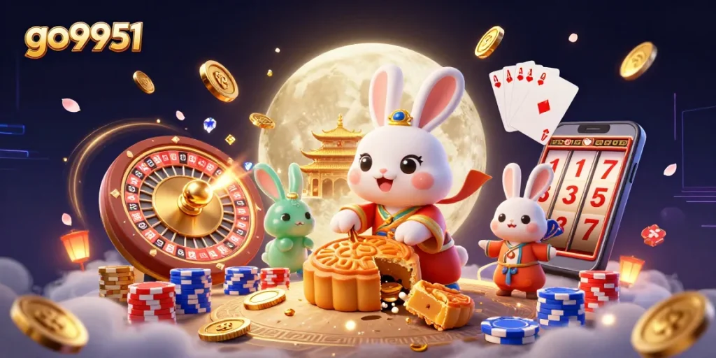 Explore thrilling gaming adventures with go9951's vibrant 3D illustration featuring lucky charms and casino elements.