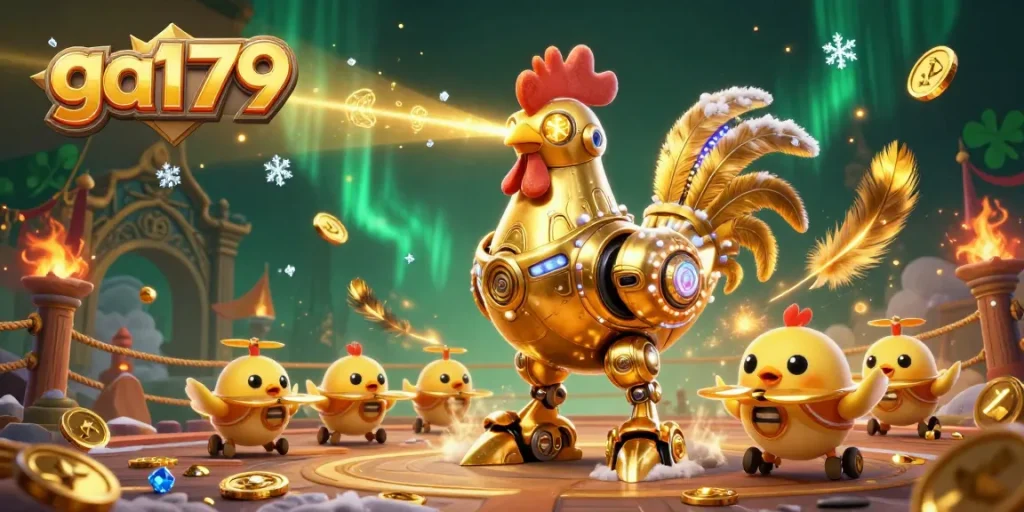 Experience ga179's thrilling robot showdown in a vibrant 3D casino arena.