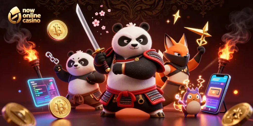 Engage with the thrilling new online casino experience featuring a dynamic scene of samurai panda, ninja fox, and magical tanuki.