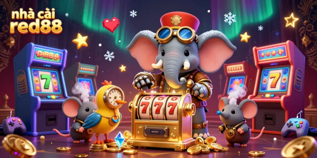 Experience the thrill of nhà cái red88 with a dynamic 3D casino illustration showcasing slot machines and vibrant gaming elements.
