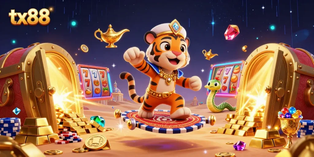 Experience the excitement of tx88 slots with a tiger sultan and treasure in a vibrant 3D scene.
