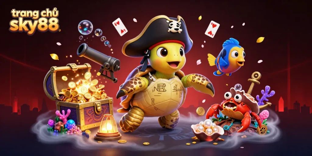 Engage with the vibrant world's largest gaming hub, trang chủ sky88, featuring a treasure scene with unique characters.