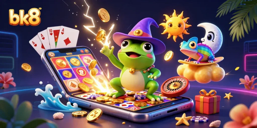 Spin golden coins with bk8 while the wizard frog and chameleon create excitement.