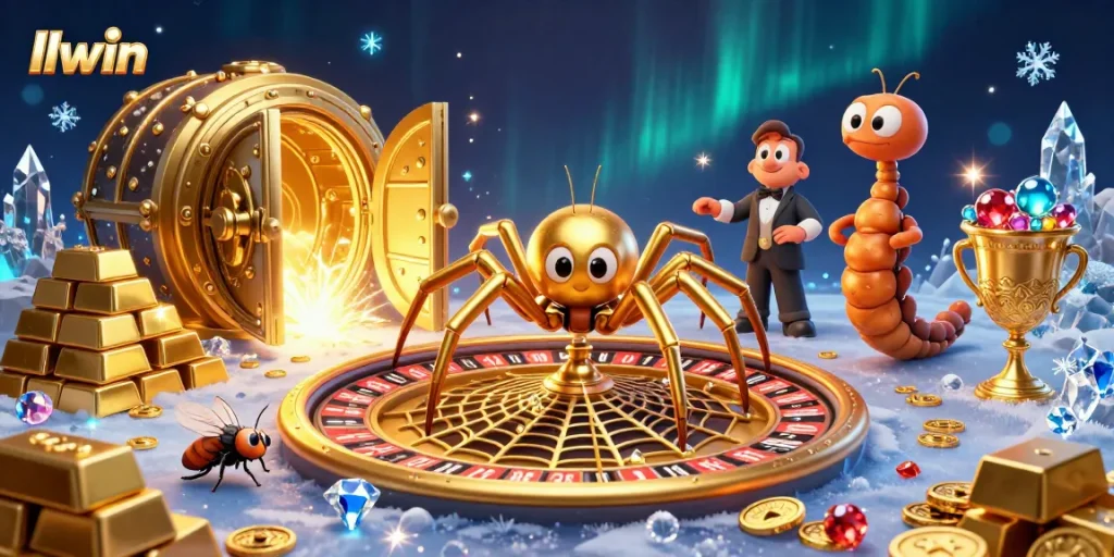 Place bets with excitement at LLWIN's golden spider roulette wheel, showcasing rich treasures and immersive gameplay.