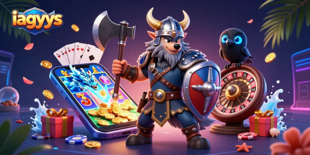 Experience dynamic action with iagyys featuring a Viking wolf, fierce dragon, and glowing raven in a casino scene