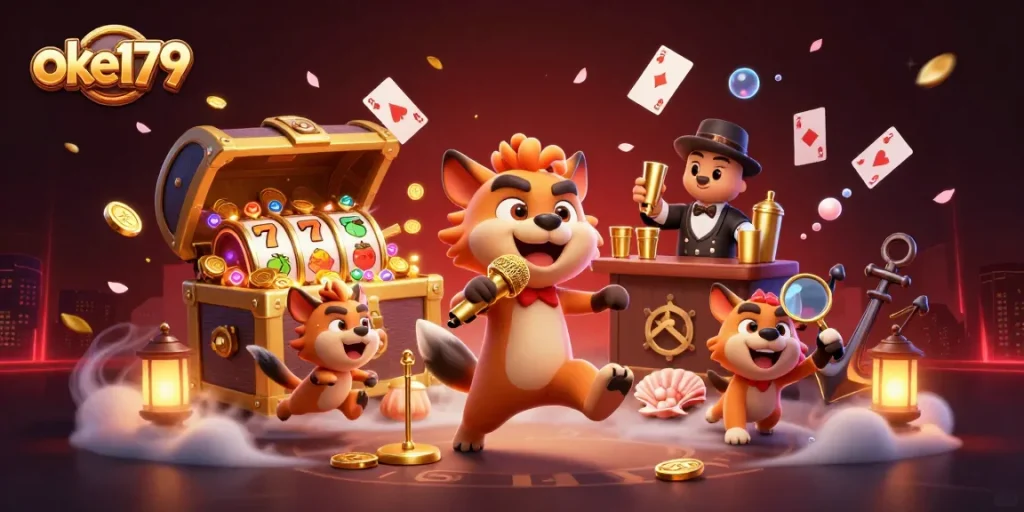 Join the fun at oke179 with hyenas in a lively casino setting, showcasing vibrant slot reels and golden treasures.